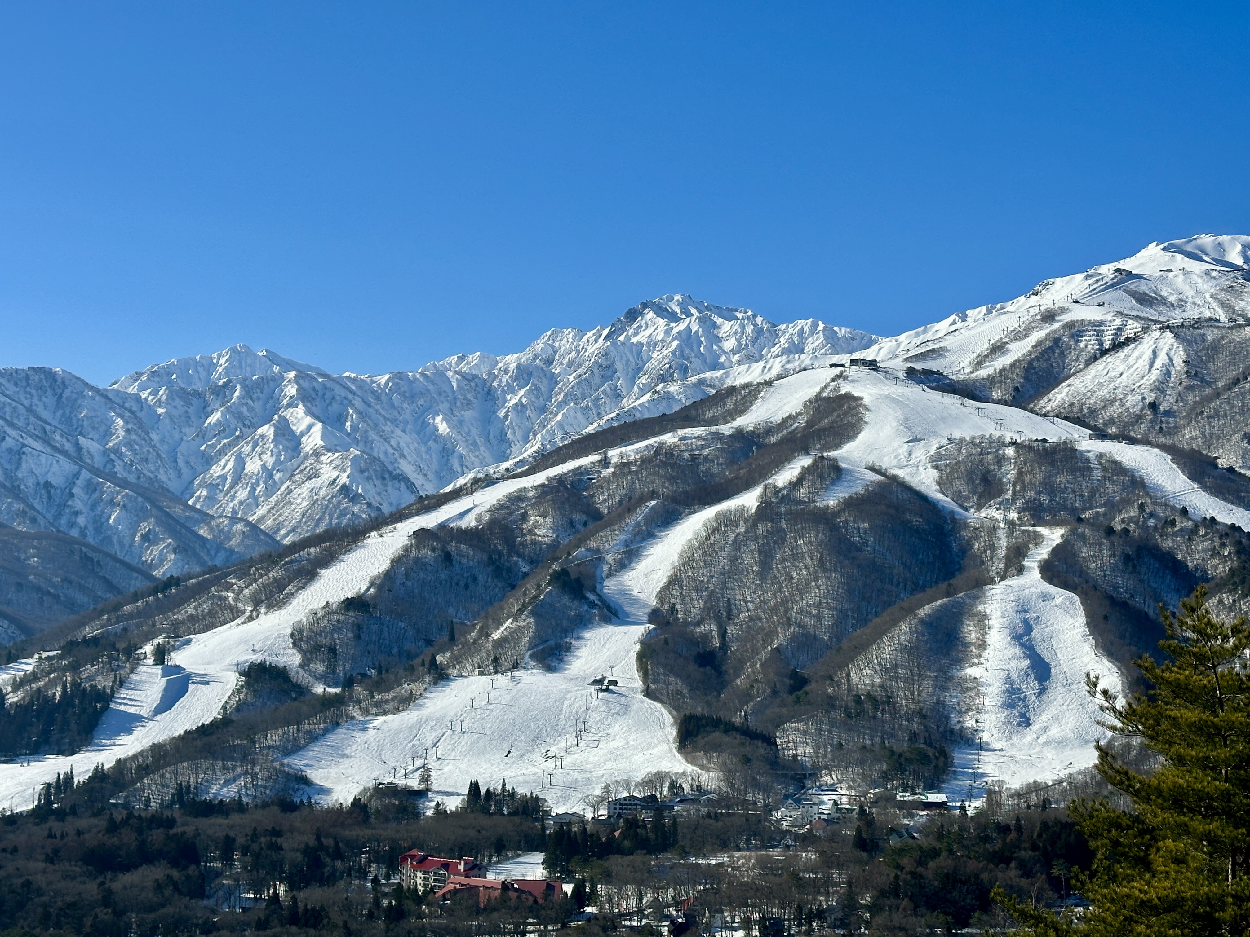 Snow-covered mountains and ski slopes in Hakuba
